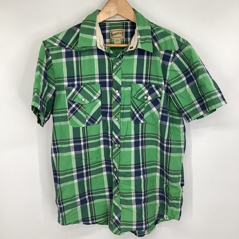 Men's Roebuck & Co. Short Sleeved Pearl Snap 100% Cotton plaid Shirt Green Sears